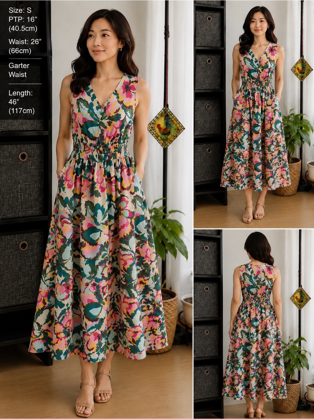 George Floral V-Neck Sleeveless Midi Dress in Pink & Green